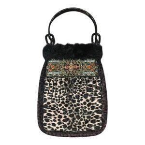 Animal Print Boho Style Faux Fur Embroidered Band Beaded Detail Wrist Bag